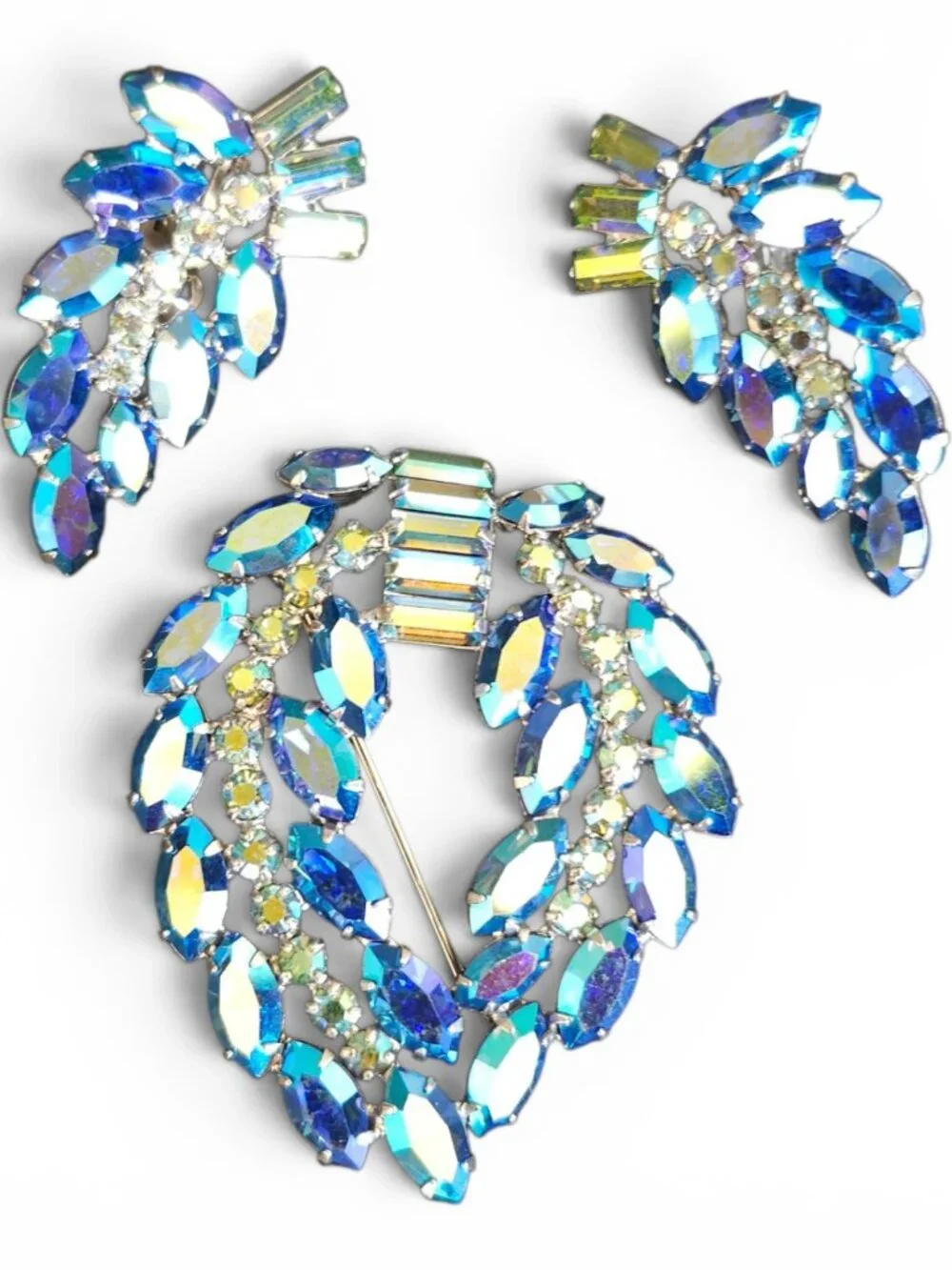 Vintage B. David Peacock Blue AB Rhinestone Brooch & Earring Set